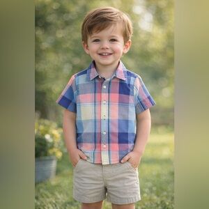 OshKosh Toddler Boy 3T Plaid Button Up Shirt Blue Pink Short Sleeve